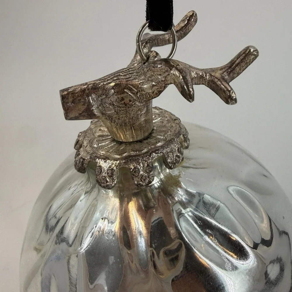 Mercury Glass Ornament Silver‎ Stag Deer Head Hammered Bauble